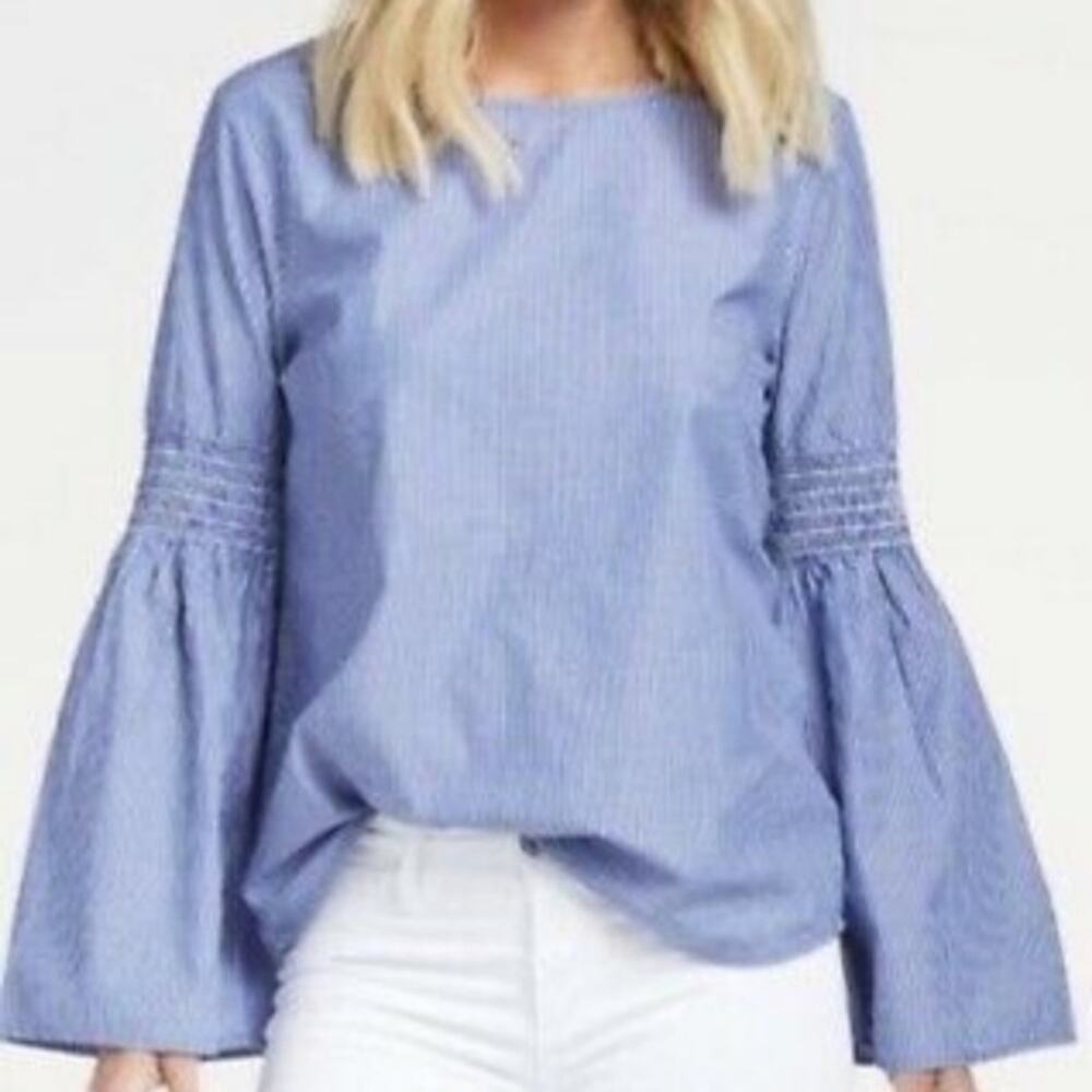 Allison Joy Pullover Cotton Bell Sleeve Top Blouse Size Small Blue White Stripes